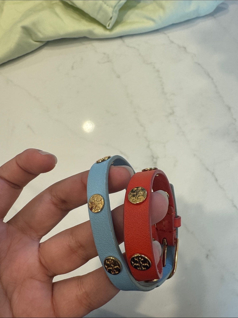 Tory Burch Double Wrap Leather Bracelet with Gold Medallions - Blue & Coral